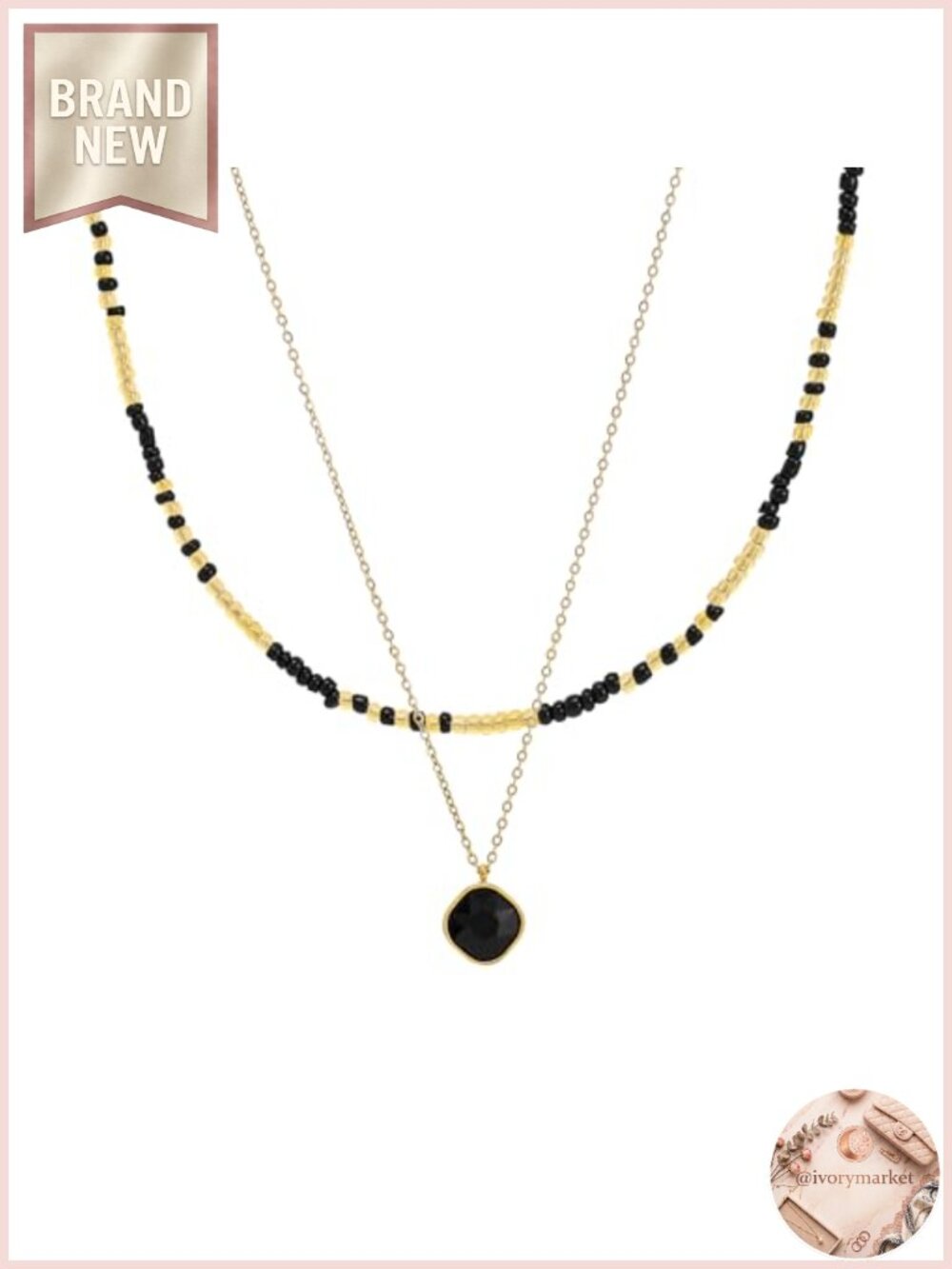 Layered Black Crystal Pendant Necklace Set, 10K Gold, Layered Choker, Beaded